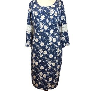 Boho Floral Dress Size 14 Blue Cream Crochet Bell Sleeve Cottagecore Fairycore
